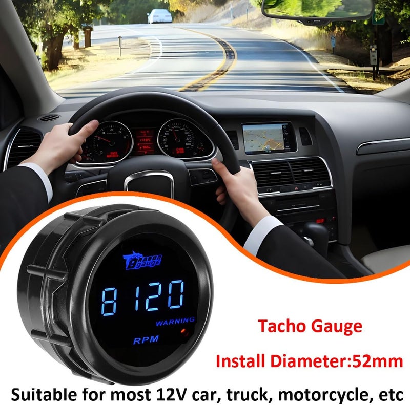 LKRXW Car Tacho Gauge 12V Auto Tachometer Gauge RPM 2" 52mm Meter Digital Speed Gauges Blue Light Instruments 0 to 9999 RPM Smoke Tint Len - Image 3